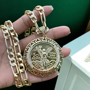 Mens 14K Gold Plated Mexican Flag 50 Pesos Centenario Pendant with Figaro Link 24in 10mm Fashion Chain Unisex Jewelry for All Occasions