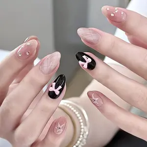 New Sweet Dual-Color Rhombus Pattern Diamond Bow Star Element Almond Nails, Acrylic Full Coverage False Nails, Removable Tool Included