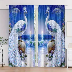 2pcs Elegant Blue Peacock Floral Print Curtains, Home Decoration Curtain, High Definition Digital Print, Semi-Transparent Polyester, Washable, Bedroom and Living Room Decor