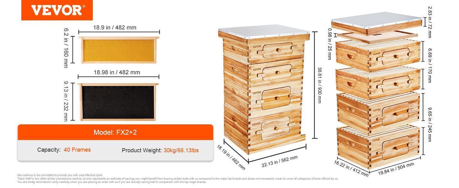 VEVOR Bee Hive 40 Frame Bee Hives Starter Kit, TikTokShopBlackFriday, Beeswax Coated Cedar Wood, 2 Deep + 2 Medium Bee Boxes Langstroth Beehive Kit, Transparent Acrylic Windows with Foundations for Beginners Pro Beekeepers