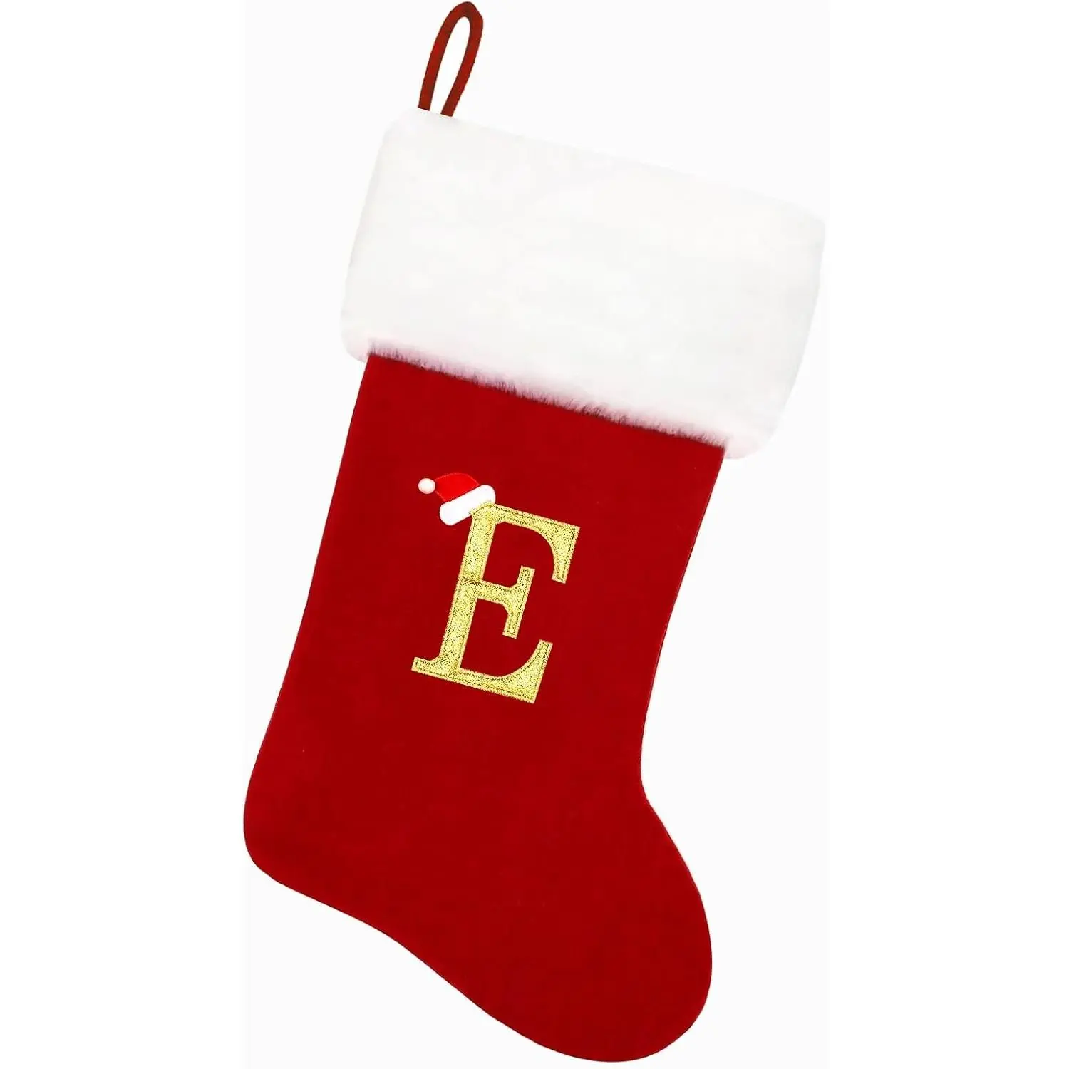 20 Inches Red Velvet with White Super Soft Plush Cuff Monogram Christmas Stockings, Xmas Personalized Embroidered Letter Stockings for Family Holiday Decorations and Xmas Tree Fireplace（E）