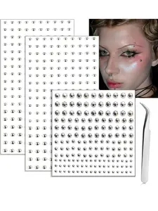 Face Gems Fake Piercings, Fake Lip Ring Fake Nose Ring Fake Eyebrow Piercing Fake Lip Piercing Self-Adhesive Face Sticker Fake Piercing Balls Silver Cool Punk Y2k Halloween Makeup For Women Men Nose Ring Jewelry