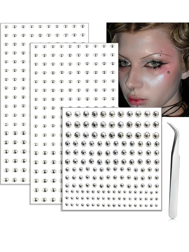 Face Gems Fake Piercings, Fake Lip Ring Fake Nose Ring Fake Eyebrow Piercing Fake Lip Piercing Self-Adhesive Face Sticker Fake Piercing Balls Silver Cool Punk Y2k Halloween Makeup For Women Men Nose Ring Jewelry