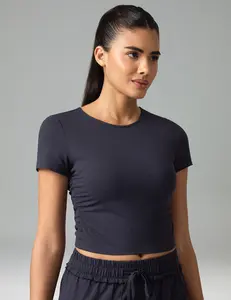 Colorfulkoala Women's Slim-Fit Round Neck T-Shirt with Side Ruching, Waist-Defining & Machine-Washable, Versatile for Casual & Activewear - Womenswear, Top