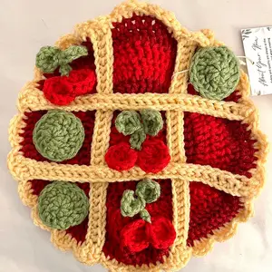 Crochet Tic Tac Toe Pie Game with Cherries, Handmade, Crocheted Pie Game, Travel Game