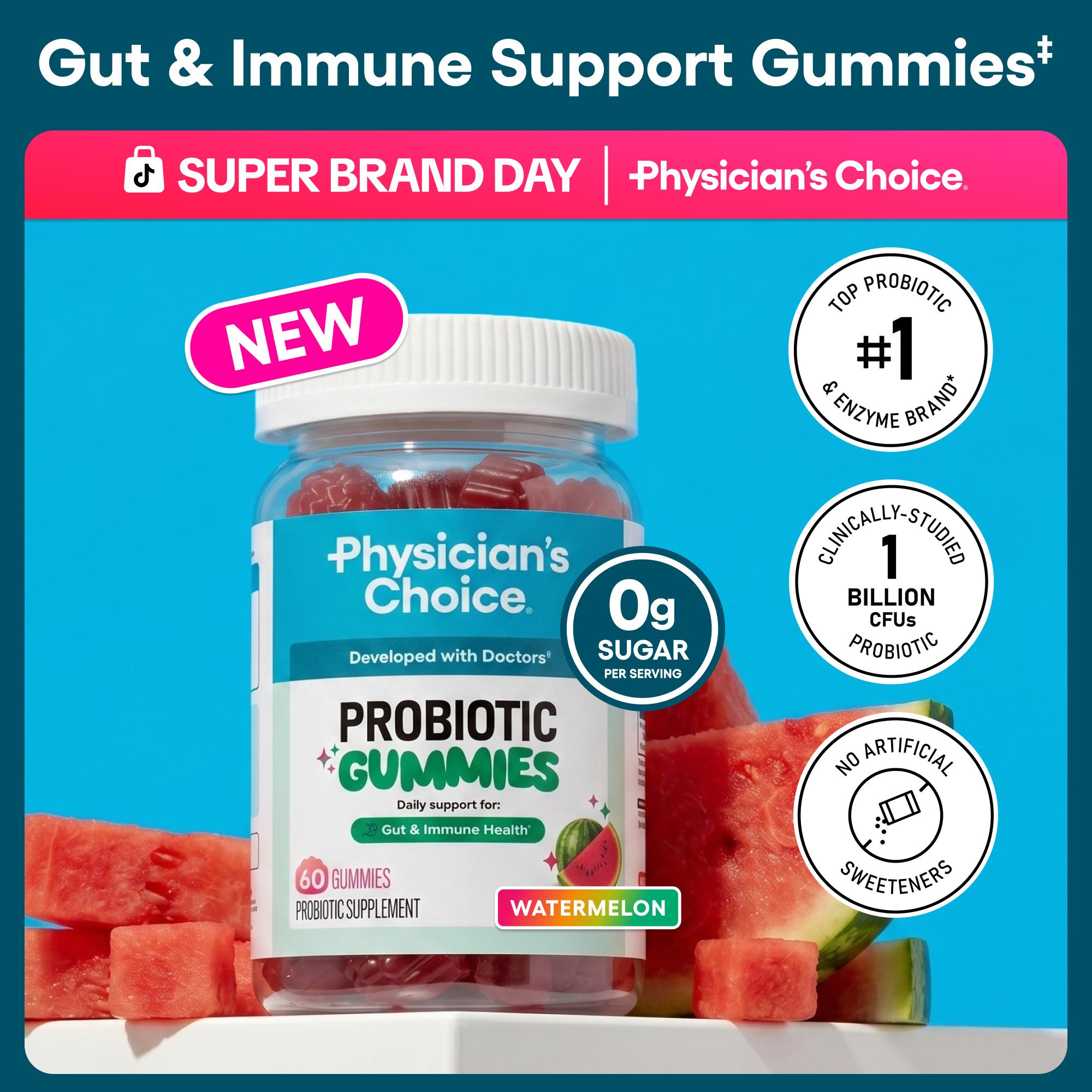 Physician's Choice Probiotic Gummies for Gut & Immune Health - with Vitamin D & Prebiotics - Sugar Free - Watermelon Flavor - Daily Gummy for Adults