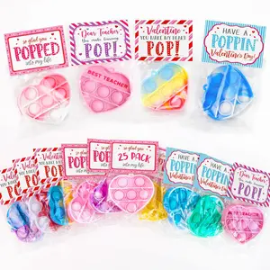 Mothers Day Gift for Kids - Set of 24 Valentine Cards with Heart Pop Keychains - Bulk Fidget Toys for School Classroom Gift Exchange - Valentine's Day Party Favors for Toddlers Girls Boys