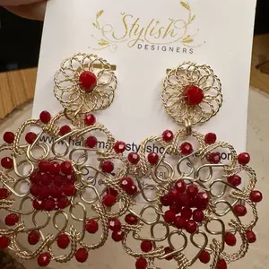 Stylish Designers Red Beaded Threaded Earrings Gold Plated Handmade Fashion Jewelry