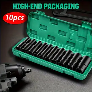 ratchet 1/2" Drive Impact Socket Set 10 Piece SAE1/2 & Metric 10-24mm 6 Point Cr-V Alloy Steel for Auto Repair Easy-to-Read Size Markings Rugged Construction Storage Case Torque Ratchet Wrench Set Quality Tools set giftsforhim christmasgiftideas shopblack