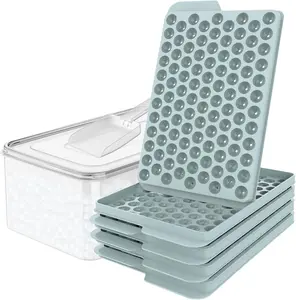 Mini Ice Cube Trays, 0.55" Tiny Pebble Ice for Iced Coffee & Cocktails, Fast Chill, Easy Twist Release, Stackable with Lid & Storage Bin (4 Pack, Blue)