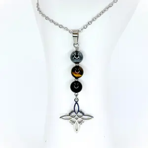 FIMENESS 8MM SMOOTH ROUND HEMATITE, TIGER'S EYE AND BLACK TOURMALINE WITCH KNOT CHARM PENDANT STAINLESS STEEL NECKLACE