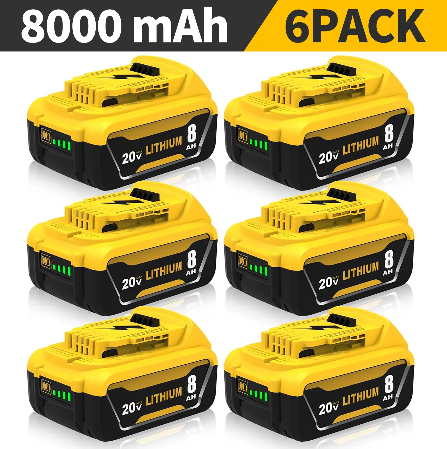 2-Pack Dewalt 20V Lithium-Ion Replacement Batteries, Ultra-High 8000mAh (8.0Ah) Capacity, Compatible with DCB200-DCB207 & DCD/DCF/DCG Series Power Tools, Multiple Pack with Manufacturer Warranty
