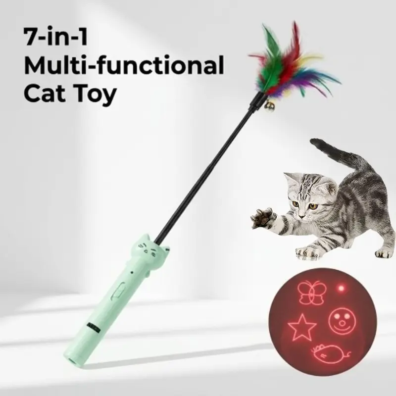 Cat Laser Pointer Toy with Feather Wand & Bell, 7-in-1 USB Rechargeable 5 Red Dot Patterns + UV Black Light + Flashlight - Interactive Cat Toys for Indoor Cats Kittens Dogs