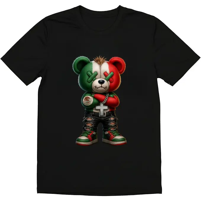 HAGBDH Fashion Designer T-Shirts - Cotton Graphic Tees with Stylish Bear with Mexican Flag - National Pride Tee, Crewneck, Casual, Ideal for Everyday