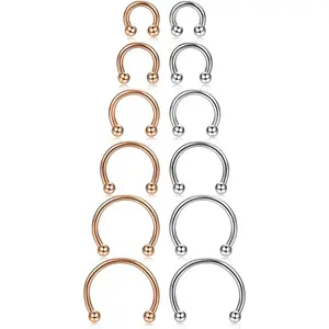 FINREZIO 12Pcs 14-16G Stainless Steel Nose Rings Septum Piercing Cartilage Horseshoe Earring Body Piercing 6MM-16MM Daily