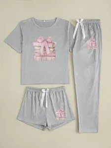 Three-Piece Pajama Set for Women, Pjs Cute Casual Fitted Sleepwear Loungewear with Book Print, All-Season Comfortable Nightwear, Random Pattern Design