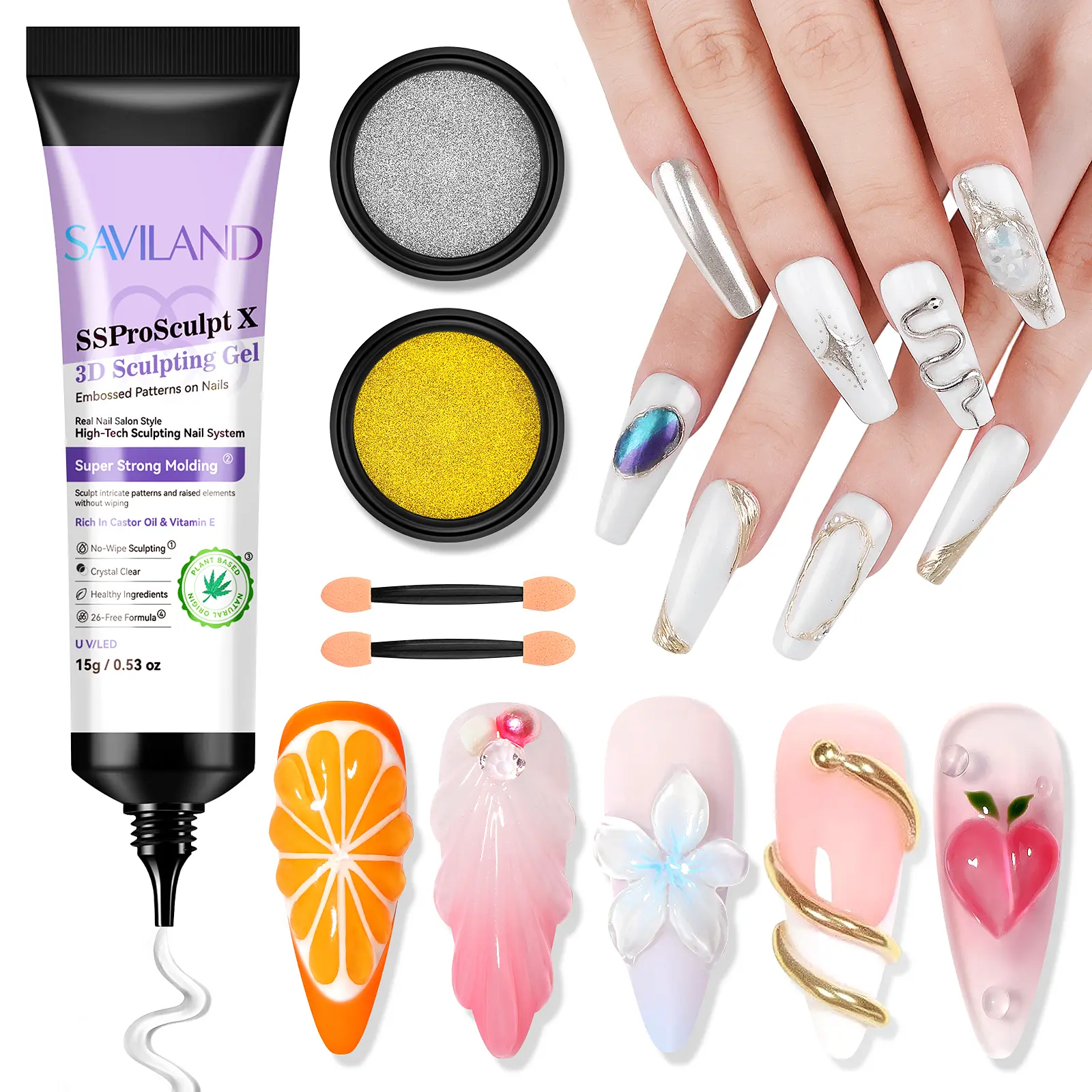 SAVILAND 3D Nail Gel & Chrome Powder Kit: 15g No Wipe Clear 3D Sculpting Gel Plus Metallic Chrome Powder Perfect for Carving Molding & Nail Decoration tiktokshopspringglowup