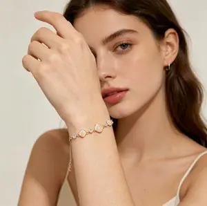 Gold Tone Irregular White Shell Inlaid Crystal Bracelet, Dainty Adjustable Extension Chain Stackable Wrist Jewelry