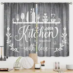 2Pcs Black White Rustic Kitchen Curtains Short Small Fork Spoon Wine Rod Pocket Herbs Wooden Rod Pocket Curtains 28x40in