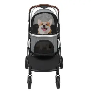 Pet Stroller 3-in-1 Grey Aluminium Frame Travel Stroller, Durable Lightweight 4-Wheel Stability Design, with Detachable Carrier & Storage Basket for Dogs & Kitties, Four-Wheel Stability