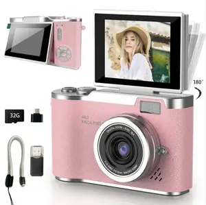 Portable Digital Camera for Students Compact Pocket 180 Degree Flip Screen 1080P Pink Entry Level Camera with 32GB Memory Card for Video Vlog and Photography Ideal as Birthday Christmas and New Year Gift for Women