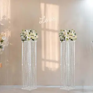 Acrylic Flower Pedestal Vase Pillar Stand 48" Clear with Crystal Beads - Heavy Duty Wedding Floor Centerpiece