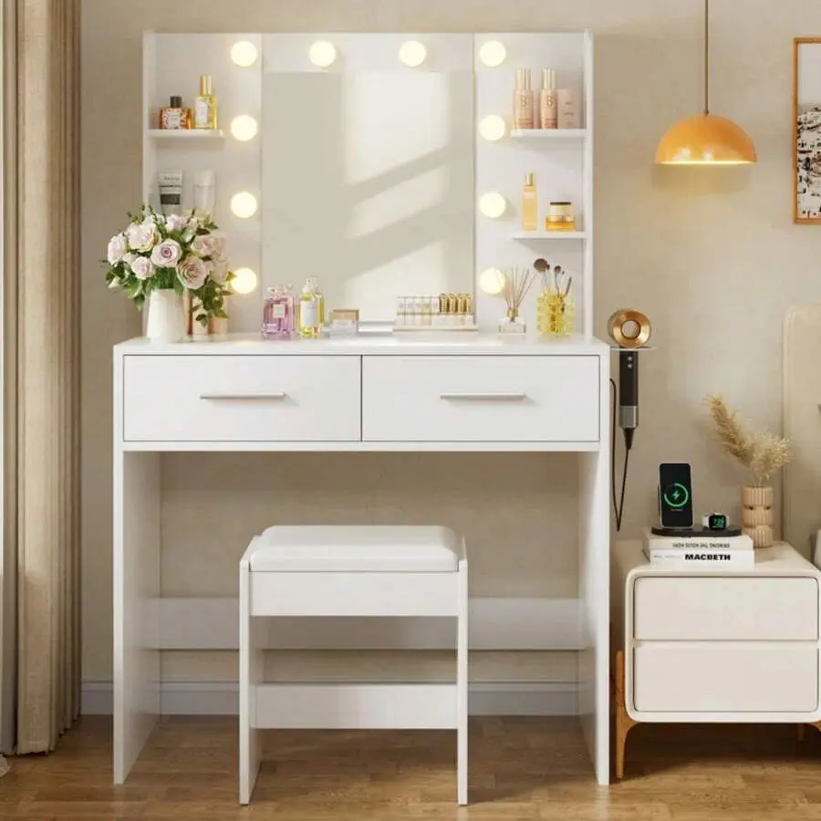 Modern Classic Makeup Vanity Desk with Mirror, Power Outlet, 3 Light Modes, Adjustable Brightness, 2 Drawers, 6 Storage Shelves, Hair Dryer Shelf & Bench - Sturdy Women's Indoor Furniture, Assembly Required