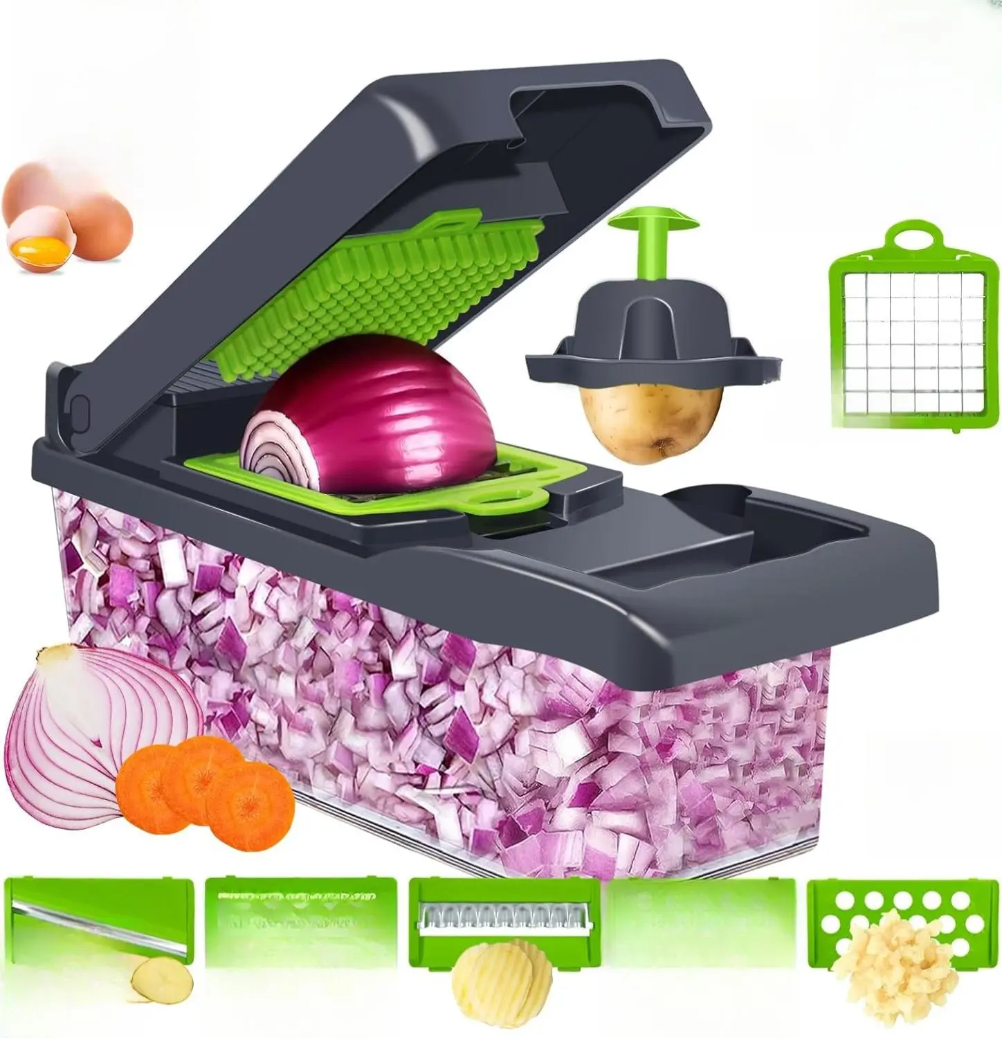 Multifunctional Vegetable Chopper 14 in 1 with 3 & 5 Blades for Cutting Onions Carrots Tomatoes Fruits Dicing Slicing Easy to Use High-Quality Plastic Stainless Steel Blades Non-Slip Handles Kitchen Utensil Transparent Container - Chopping