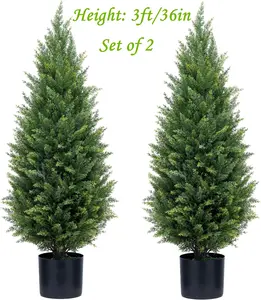 36 Inch Artificial Cedar Topiary Trees Decorative UV Resistant Fake Potted Bushes Realistic Faux Pine Cypress Shrubs Plants for Outdoor Front Porch Ornaments Set of 2 Items Fruits Garden Decoration