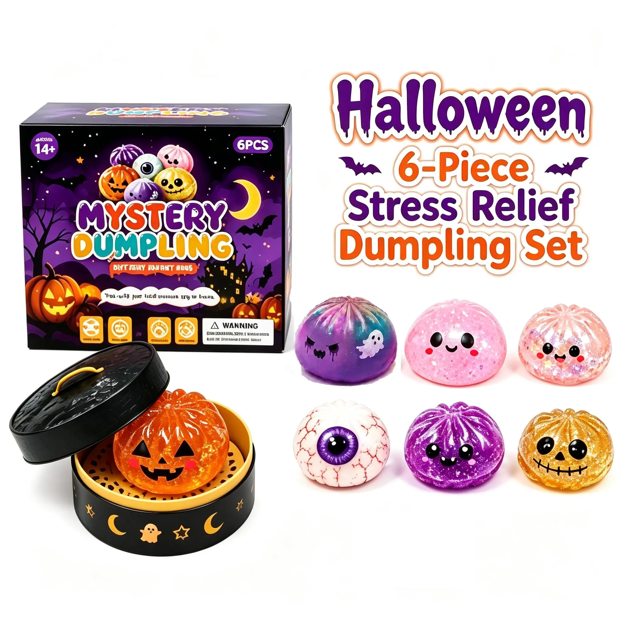 Spooky Glitter Ghost Dumpling Squeeze Toy Set, Handheld Portable Stress-Relief Fidget Toy, Halloween Trick-or-Treat Bag Fillers, Party Favors & Holiday Gifts (Selfie Accessory Companion)