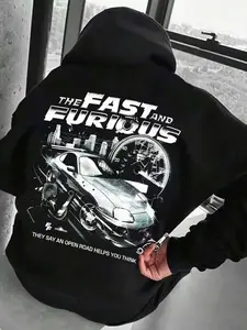 Men's Oversized Long Sleeve Hoodie + "The Fast and Furious" Retro Movie Graphic Print - Fast & Furious Theme Design - Trendy Wear for Movie Fans, Casual Outfits & Edgy Looks - Perfect for Comfy Stylish Wearing