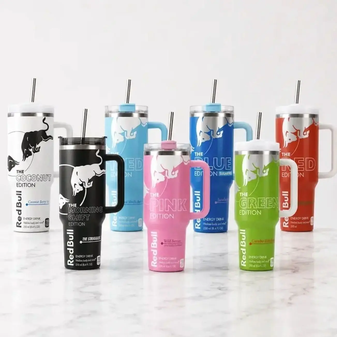 Red Bull Full Edition 40oz Stainless Steel Tumbler With Handle and Straw, Double Wall Vacuum Insulated Travel Mug