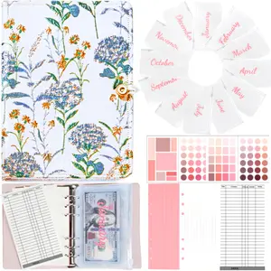 Budget Binder Money Organizer for Cash Vintage Flower Savings Binder A6 Budget Book with 12 Monthly Cash Envelopes, 24 Budegt Sheets, 72pcs Label Stickers