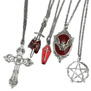 Jewelry Gothic Bat Coffin Charm Necklace With Heart Arrows Detail