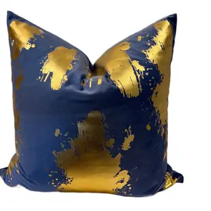 Ocean Blue Velvet Pillow with Gold Paint Splatter Design for Home Decor