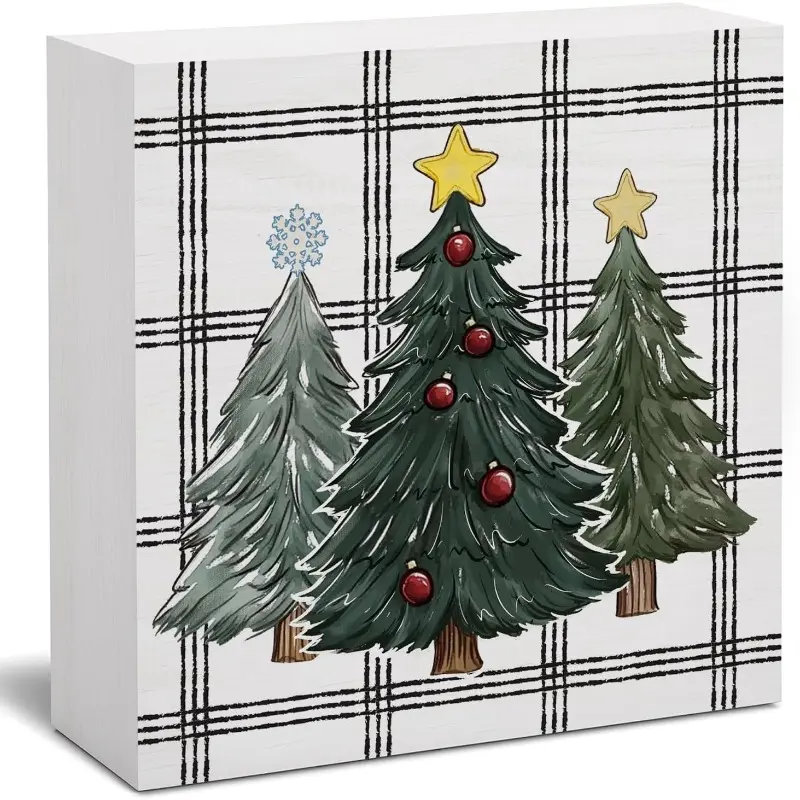 Rustic Christmas Trees Wooden Box Sign, Christmas Decorations for Bedroom Bathroom Indoor Home Shelf Desk Decor 5x5 inch