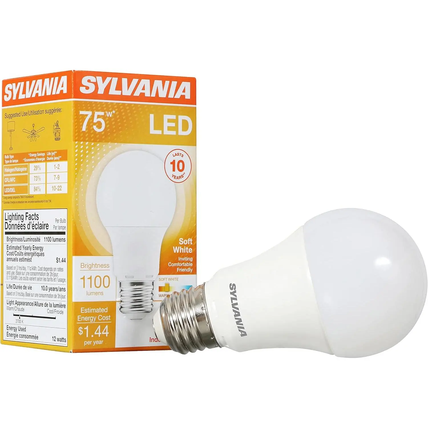 Sylvania LED Light Bulb, 75W Equivalent A19, Efficient 12W, Medium Base, Frosted Finish, 1100 Lumens, Soft White - 1 Pack (79291)