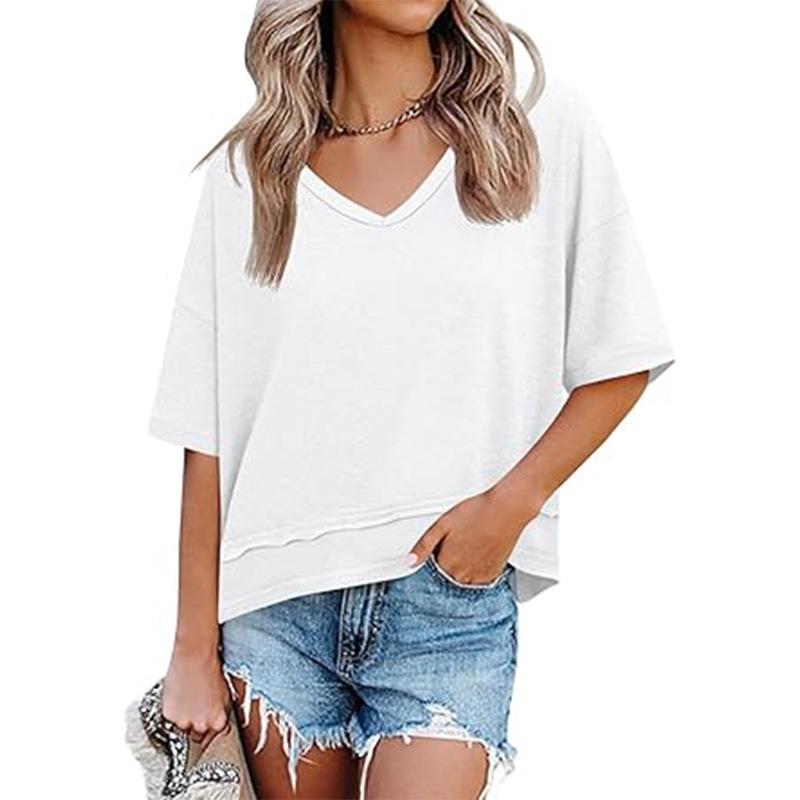 Everyday Style Minimalist Womens Summer V Neck T Shirts Tees  Casual Short Sleeve Flowy Tops Cute Loose Fit Basic
