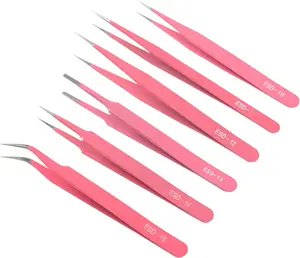 Pink Precision Tweezers 6 count Set, Upgraded Anti-Static Stainless Steel Curved of Tweezers for Women, for Electronics, Laboratory Work, -Making, Craft, with Storage Bag