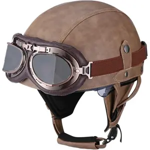 German Style Motorcycle Helmet for Adult Retro Leather Half Helmet Vintage Cap Skull Cap Open Face Helmet with Goggles for Cruiser Scooter Chopper