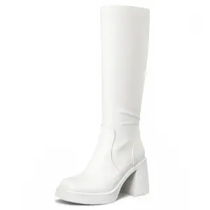 【Tiktokshopmothersday】White Knee High Boots for Women - Wide Calf Platform Tall Boots Square Toe Chunky Block Heeled Gogo Boots tiktokshopspringglowup