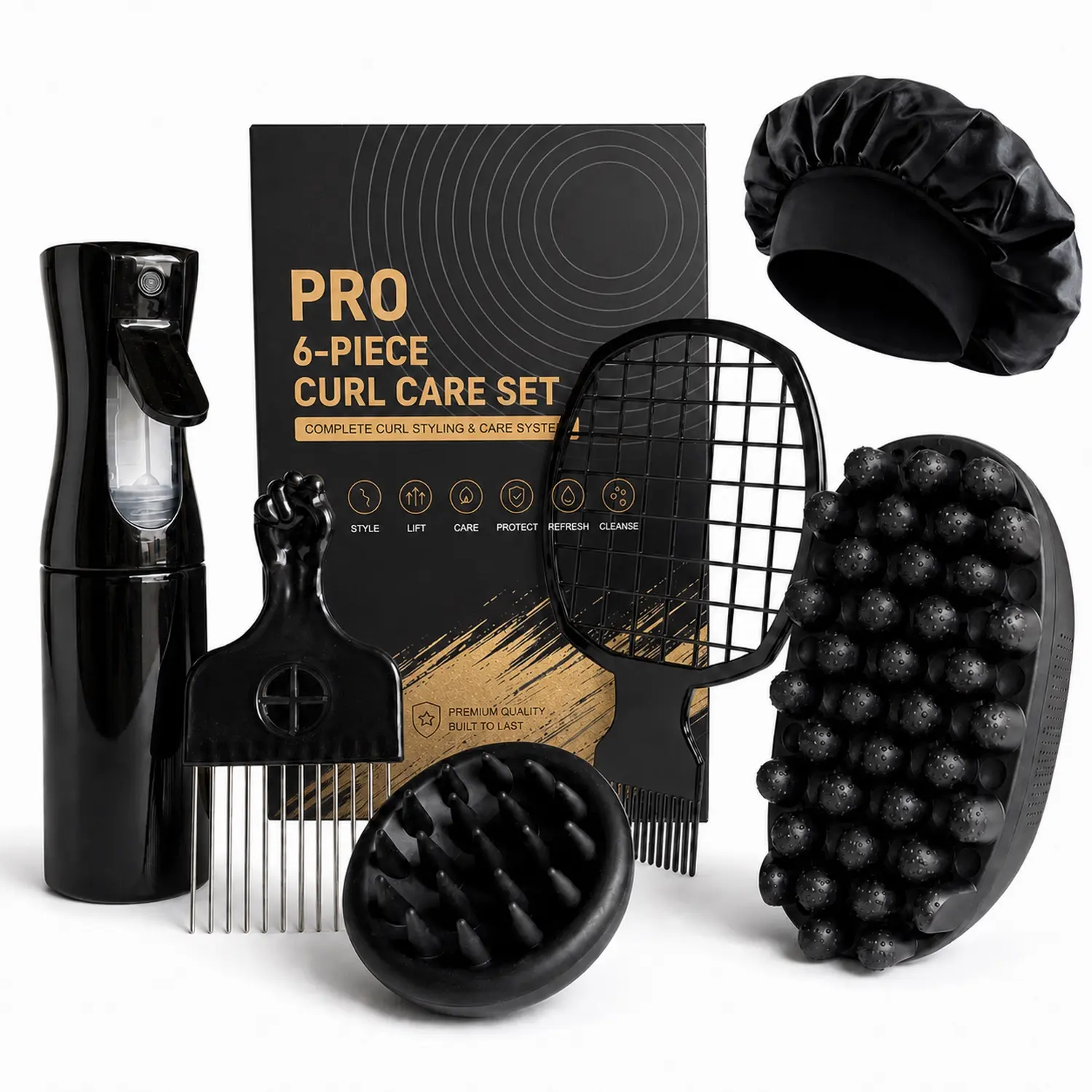 4Pcs Freeform Twists Kit for Men's Afro Coily Hair - Premium Silicone Brushes with Nylon Bristles, Metal Fist Pick, Racquet Comb, Dual-Sided Edge Brush for Edge Definition & High Volume Styling, Curly, Hair Journey