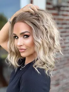 AISOM Chloe Warm Blonde Short Water Wave 13x4 Free Part Lace Front Wig for Women Synthetic Glueless Wig Low Density Daily Use