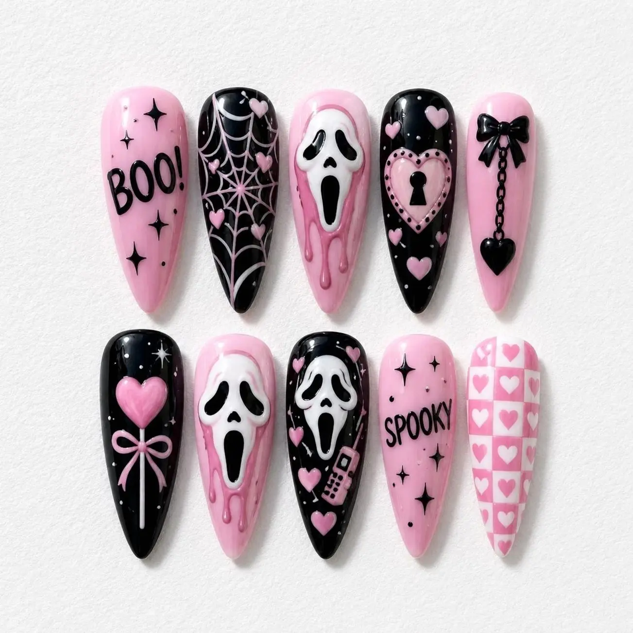 Pink Ghostface Scream Press On Nails: 3D Ghost Pink Black Halloween Gel Set