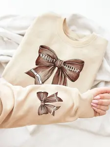 Women's Bowknot Print Drop Shoulder Pullover, Womenswear Casual Long Sleeve Crew Neck Sweatshirt for Spring & Fall, Fashion Women's Top for Daily Wear