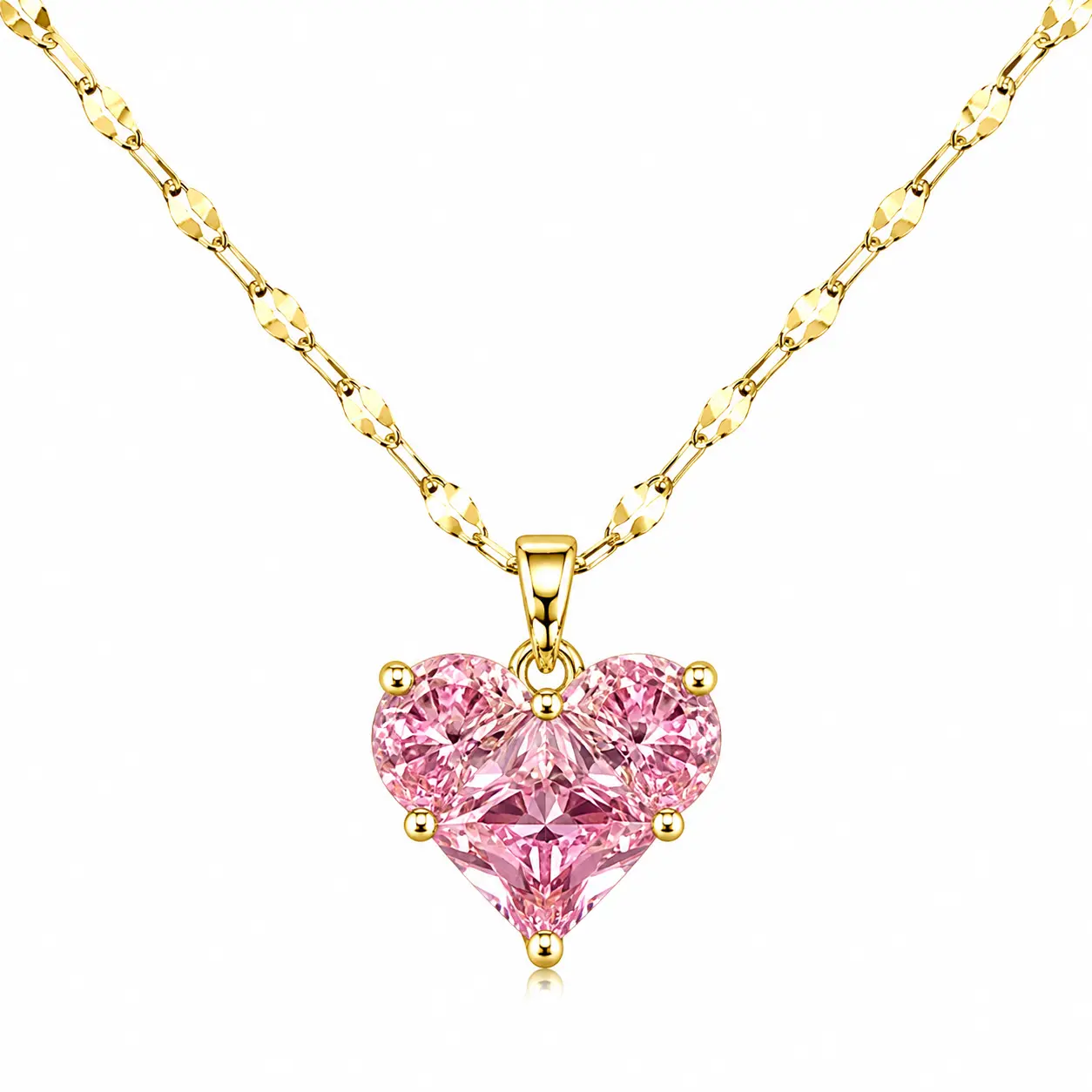 16K gold pink heart zirconia pendant necklace hypoallergenic waterproof tarnish-free stylish versatile