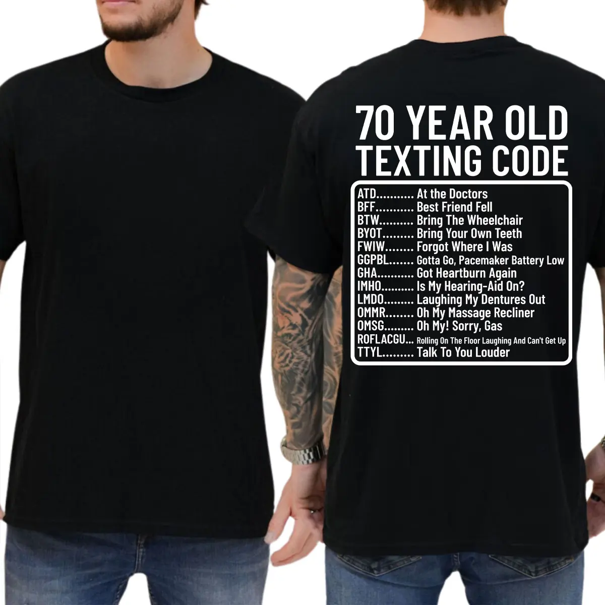70 Year Old Texting Code ATD At The Doctors Funny Senior T-Shirt, Short Sleeve Printed Graphic Shirt, Daily Casual Cotton Menswear