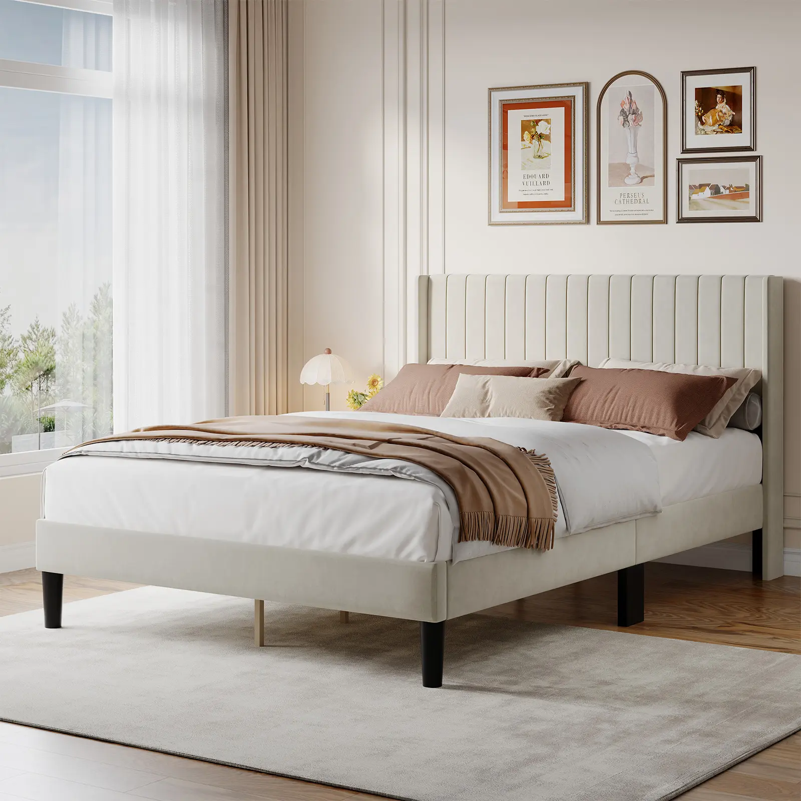 Upholstered Platform Bed Frame - Queen Size, Channel Tuft Padded Wingback Headboard, Padded Back, Modern Accent Indoor Bedroom Furniture, Easy Setup, Upholstered Platform Bedframe