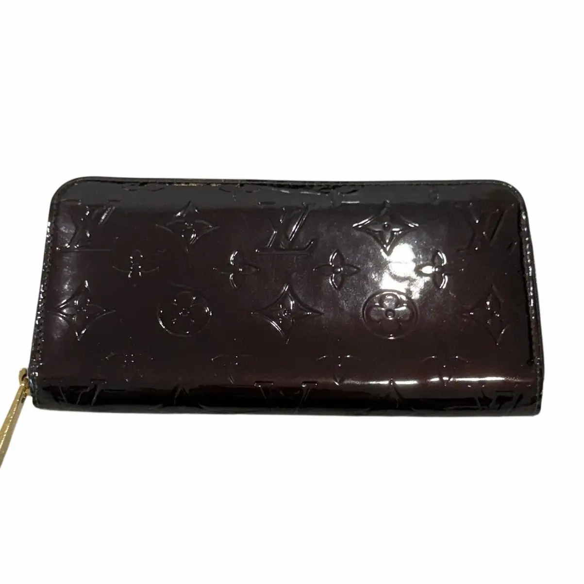 Pre-owned Louis Vuitton Vernis Leather Small leather goods Vintage Gold Compact Monogram Patent Leather Zippy Wallet, 4.1 in Amarante Small Leather Goods
