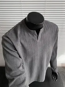 Men’s Spring Premium Heavyweight Long-Sleeve T-Shirt with Wheat-Stalk Texture and a Small V-Neck — Loose Fit, Ideal for Layering